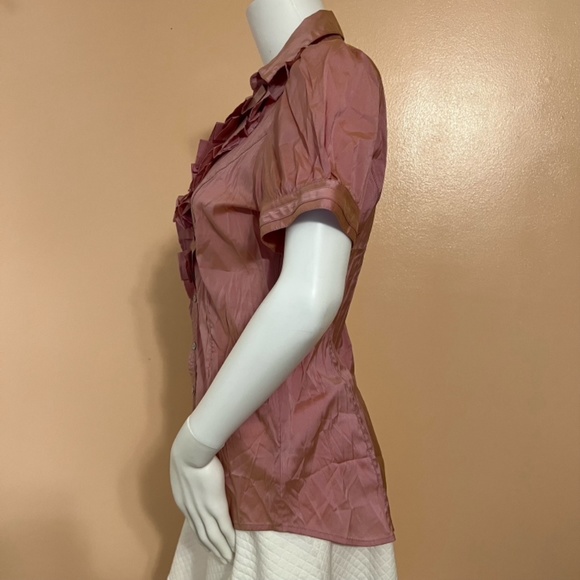 Express Metallic Rose Gold Ruffled V Neck Collar Button Down Blouse - Picture 5 of 7